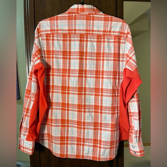 Vintage Eddie Bauer plaid shirt, Orange & white, contrasting solid side panels - Picture 5 of 6